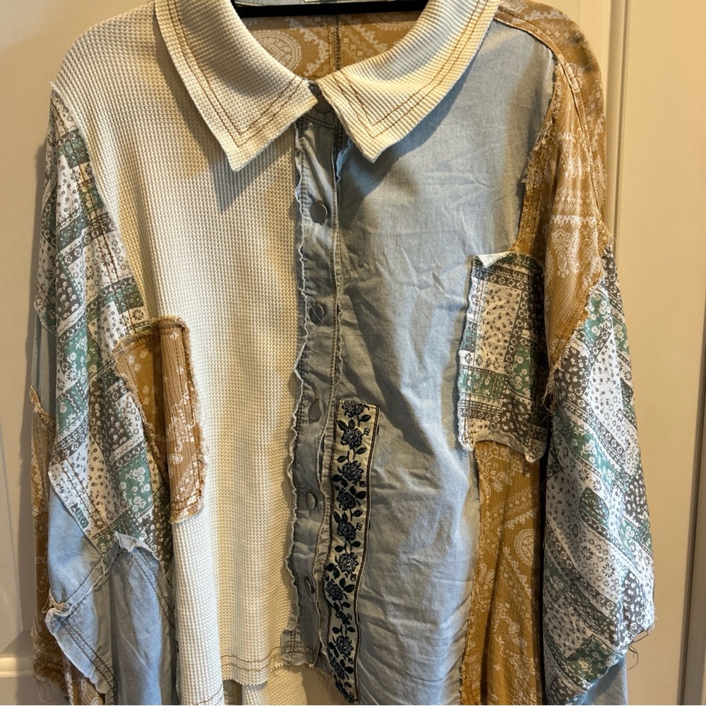 COPY - POL Patchwork Shacket with Mixed Patterns